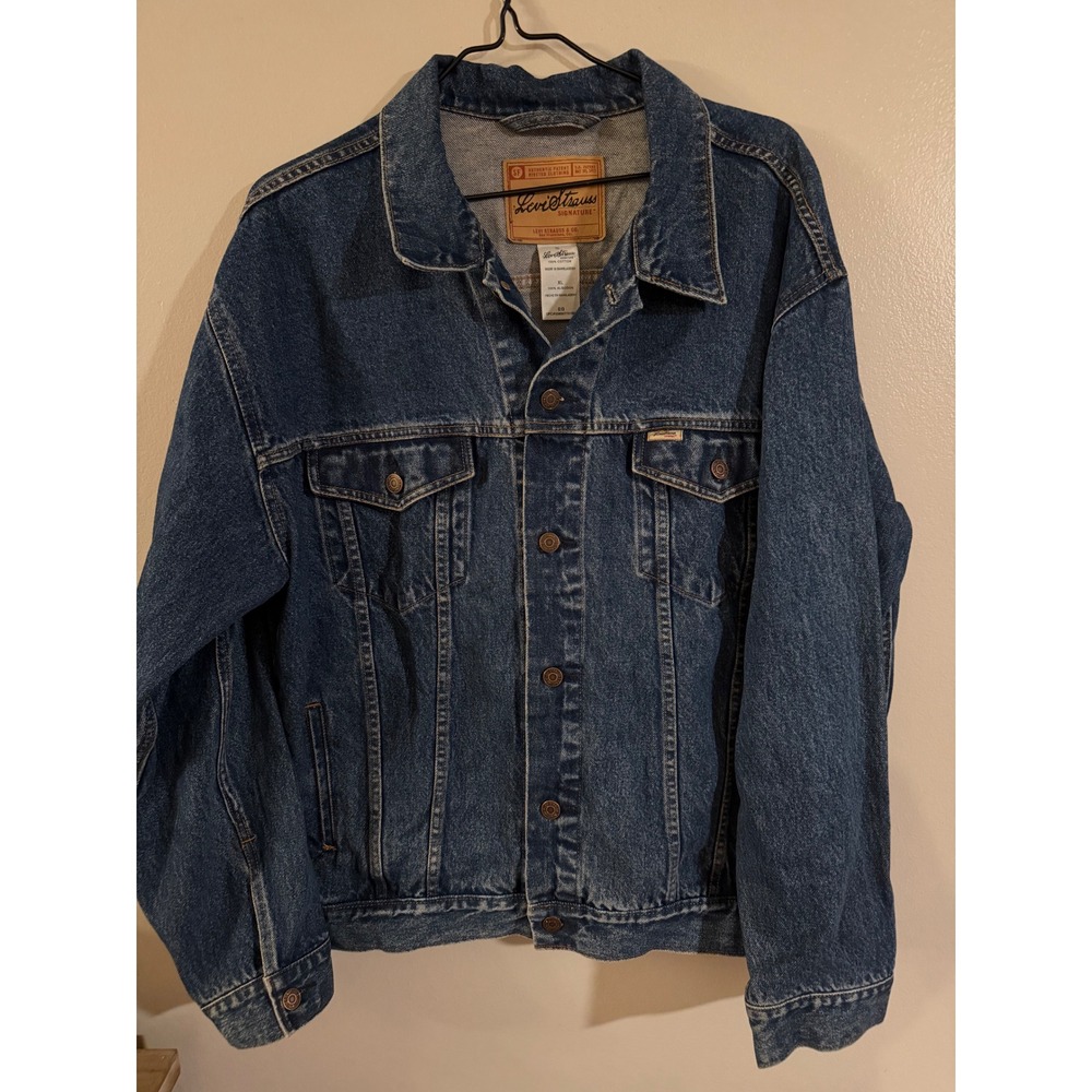 Levi Strauss Signature Mens‎ Denim Trucker Jacket Medium Wash Blue XL Vintage